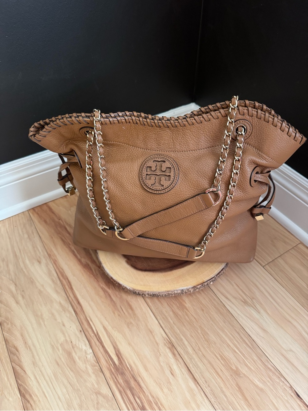 Tory Burch Tan Whipstitch Leather Shoulder Bag with Chain Straps